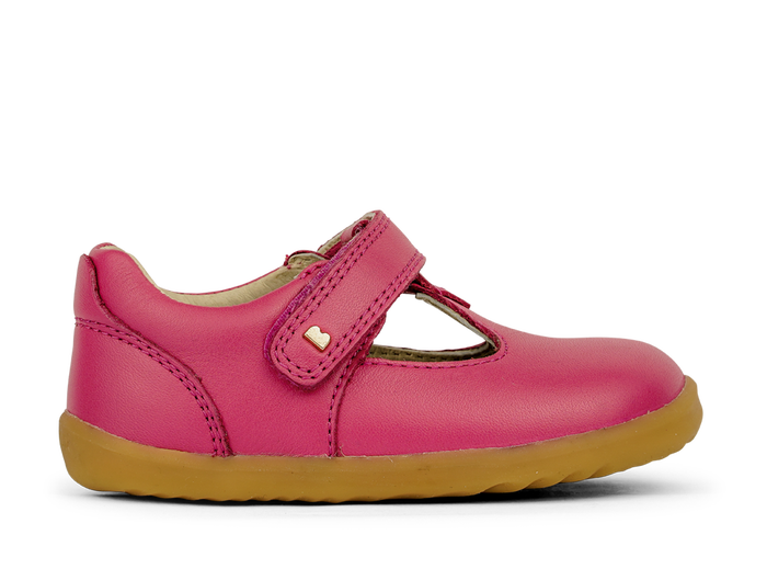 A girls Mary Jane shoe by Bobux,style Louise,in bright pink with velcro fastening. Right side view.