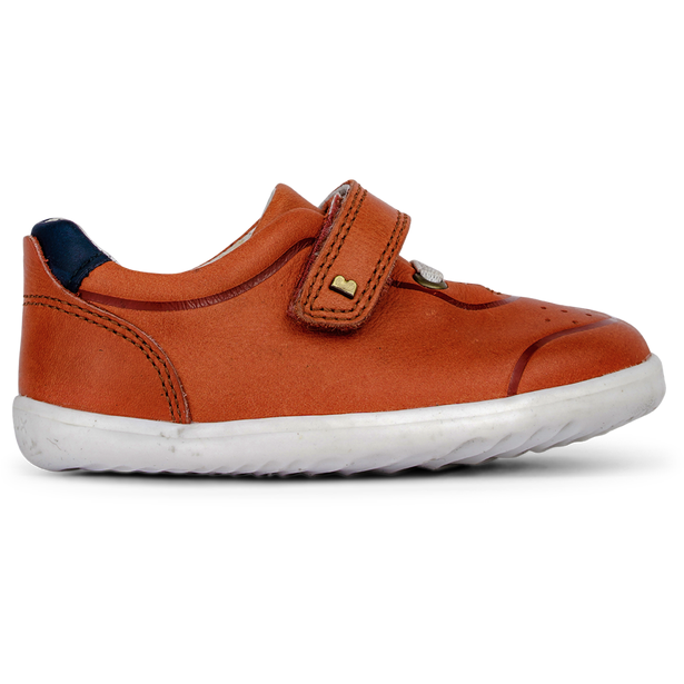 A boys smart trainer by Bobux,style Ryder, in orange and navy with velcro fastening. Right side view.