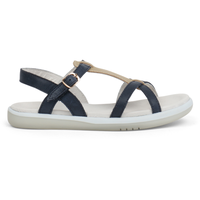 A girls open toe sandal by Bobux, style Pixie, in navy and gold with buckle fastening. Right side view.