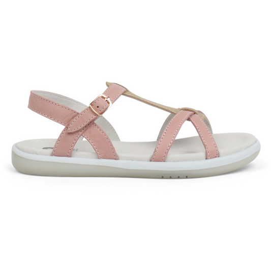 A girls open toe sandal by Bobux, style Pixie, in pink and gold with buckle fastening. Right side view.