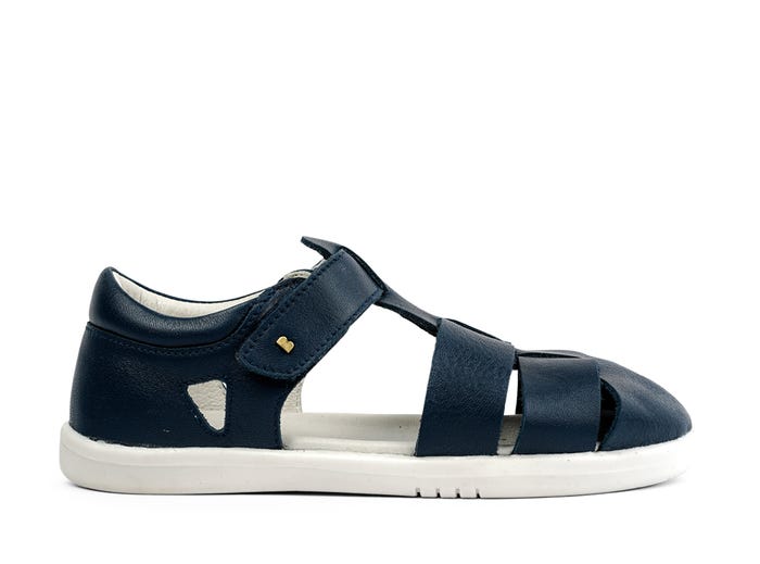 A boys closed toe sandal by Bobux,style Tidal in Navy with velcro fastening. Right side view.