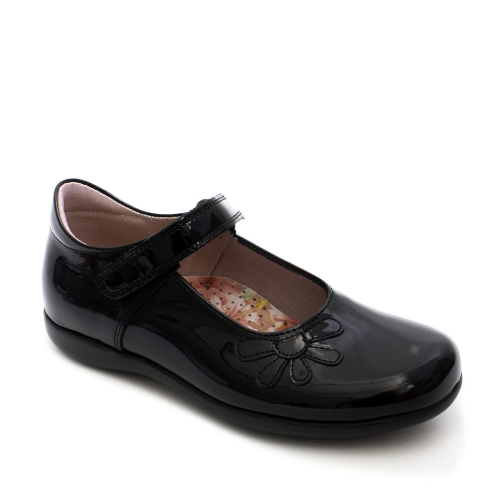 A girls Mary Jane school shoe by Petasil, style Bonnie, in black patent with velcro fastening. Right side view.
