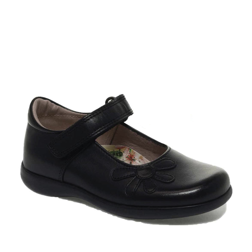 A girls Mary Jane school shoe by Petasil, style Bonnie, in black with velcro fastening. Right side view.
