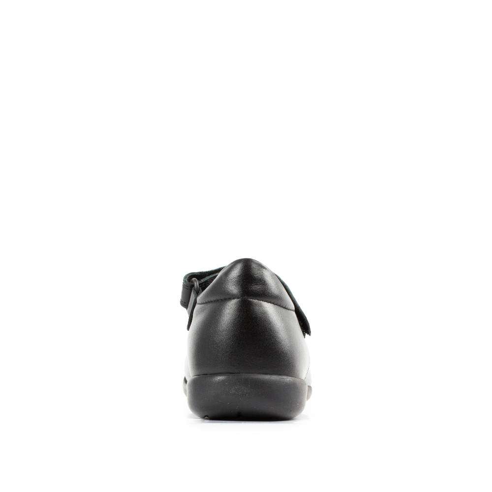 A girls Mary Jane school shoe by Petasil, style Bonnie, in black with velcro fastening. Back view.