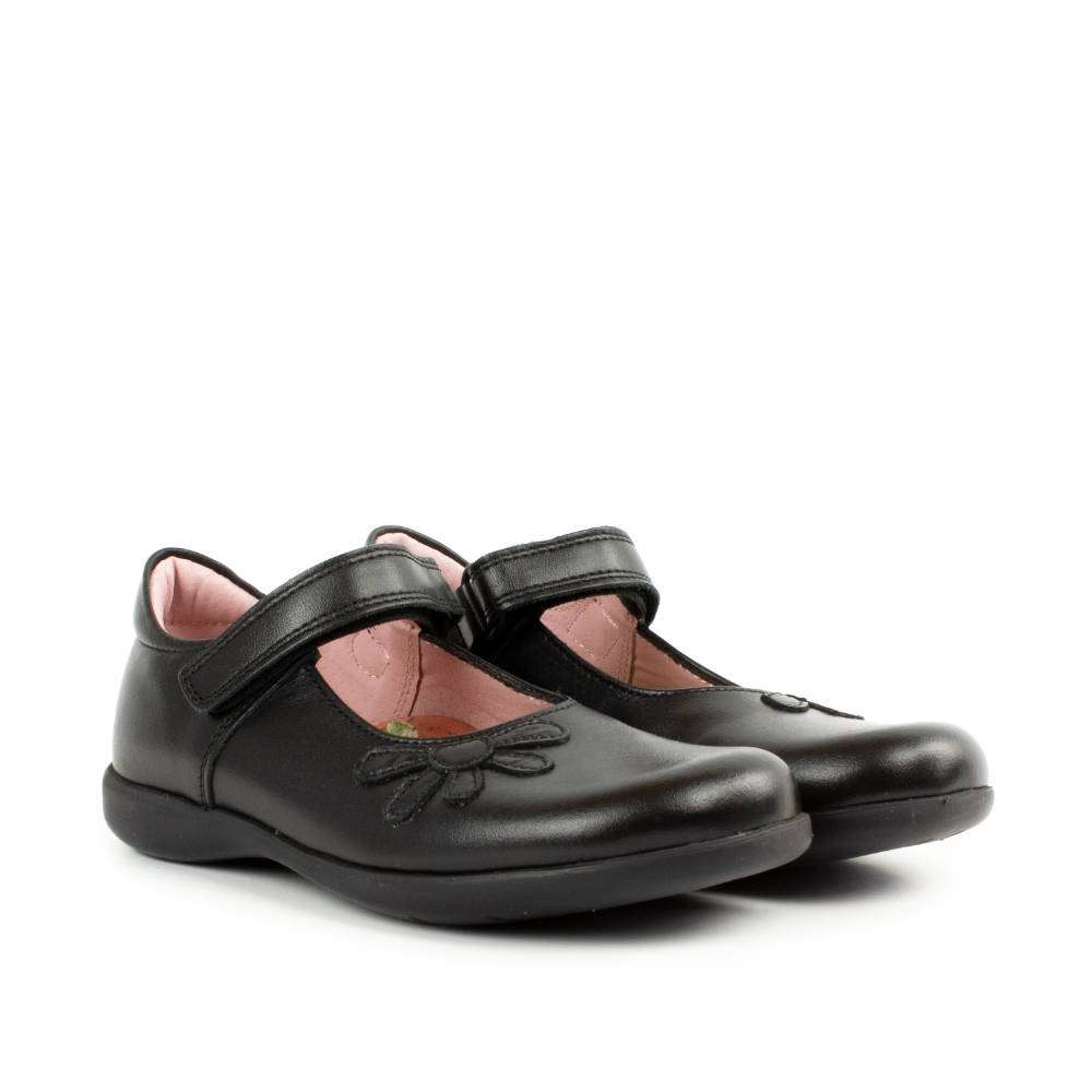 A pair of girls Mary Jane school shoes by Petasil, style Bonnie, in black with velcro fastening. Right side view.