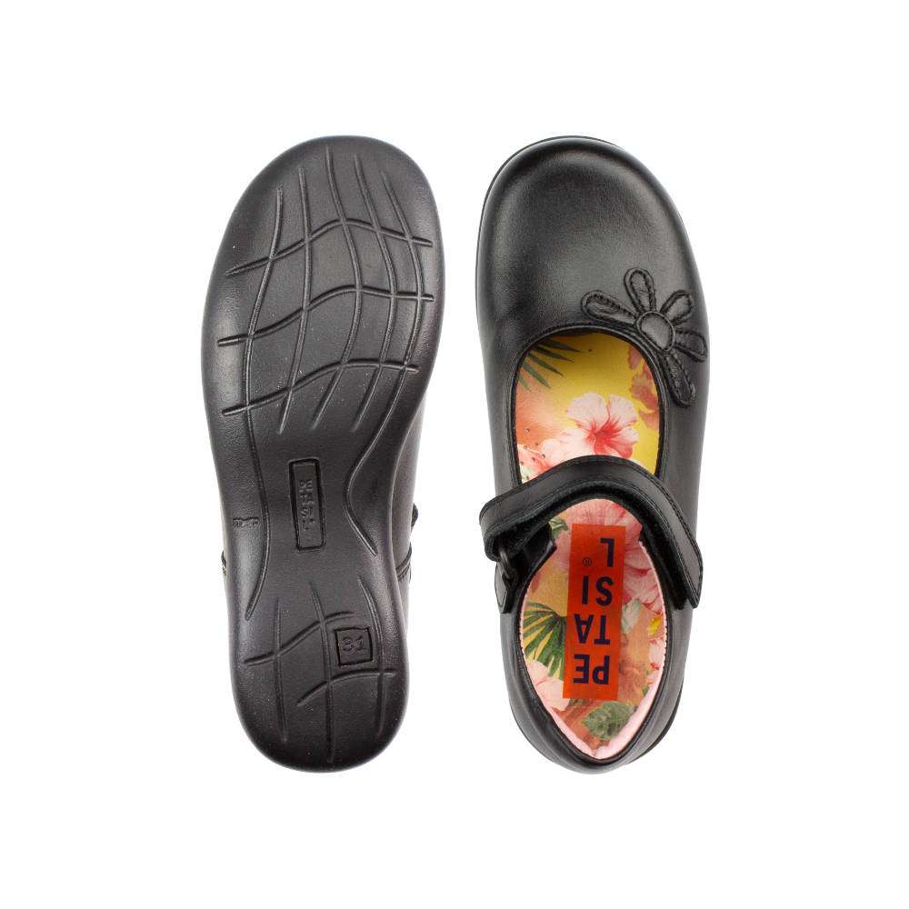 A girls Mary Jane school shoe by Petasil, style Bonnie, in black with velcro fastening. Above view.
