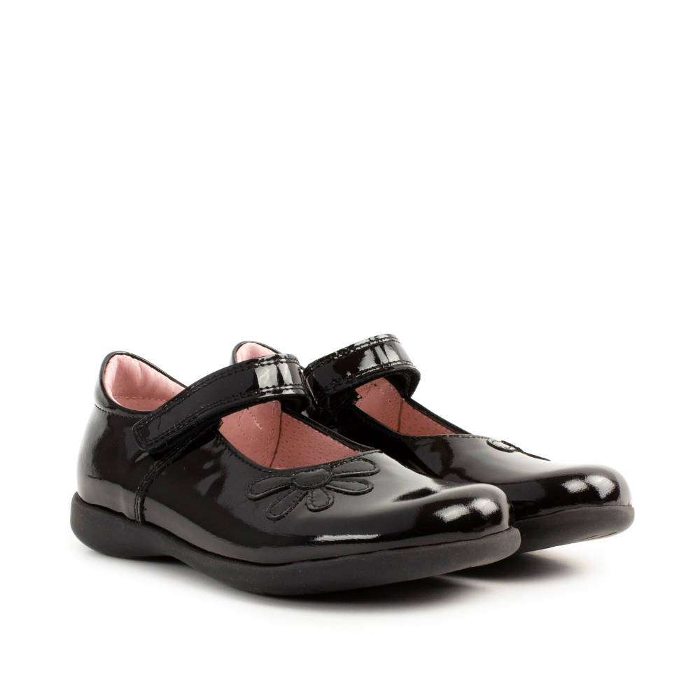 A pair of girls Mary Jane school shoes by Petasil, style Bonnie, in black patent with velcro fastening. Right side view.