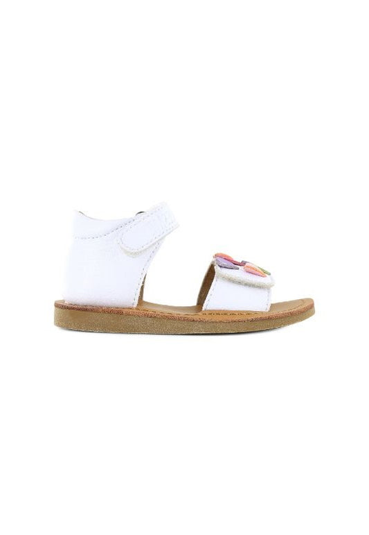 A girls sandal by Shoesme, style CS23S009-C,in white with coloured hearts and velcro fastening. Right side view.