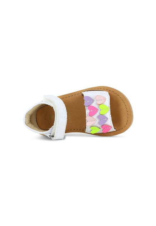 A girls sandal by Shoesme, style CS23S009-C,in white with coloured hearts and velcro fastening. View from above.