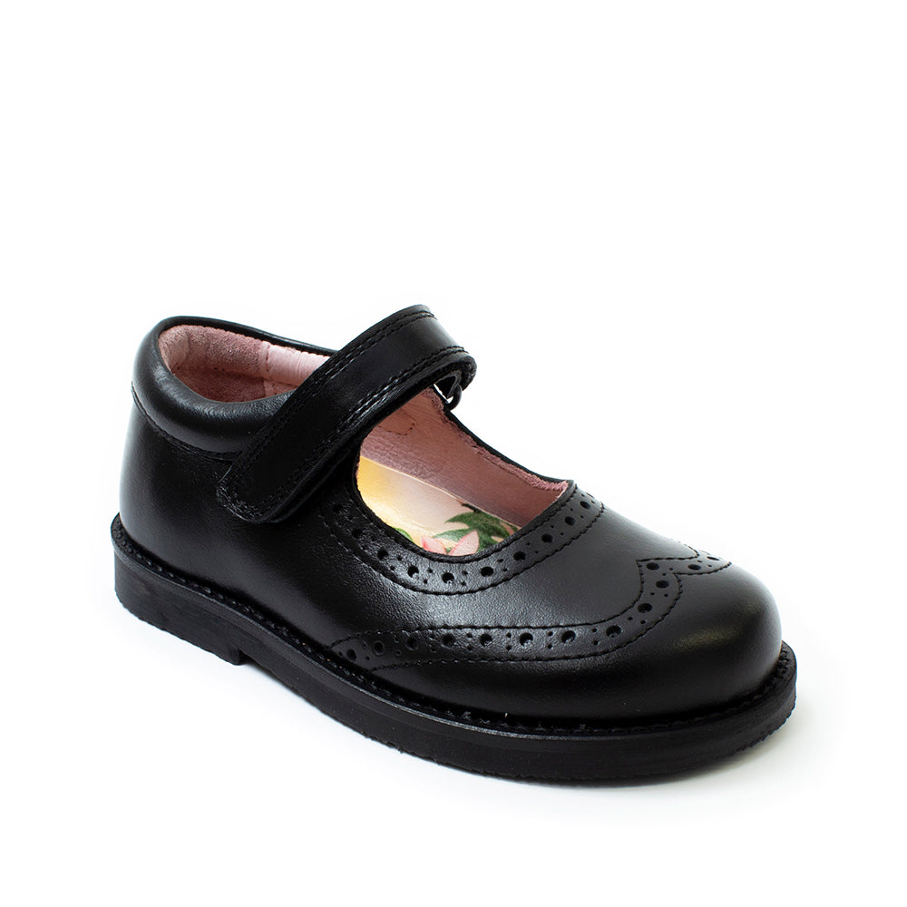 A girls Mary Jane school shoe by Petasil, style Claret 2, in black with velcro fastening. Right side view.