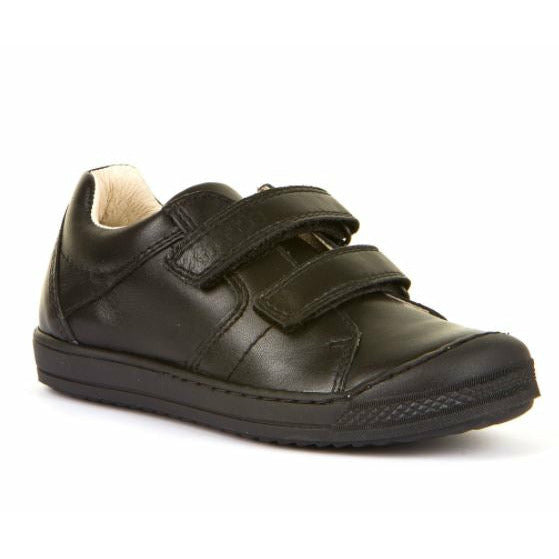 A boys school shoe by Froddo, style Luka, in black with double velcro fastening. Angled view.