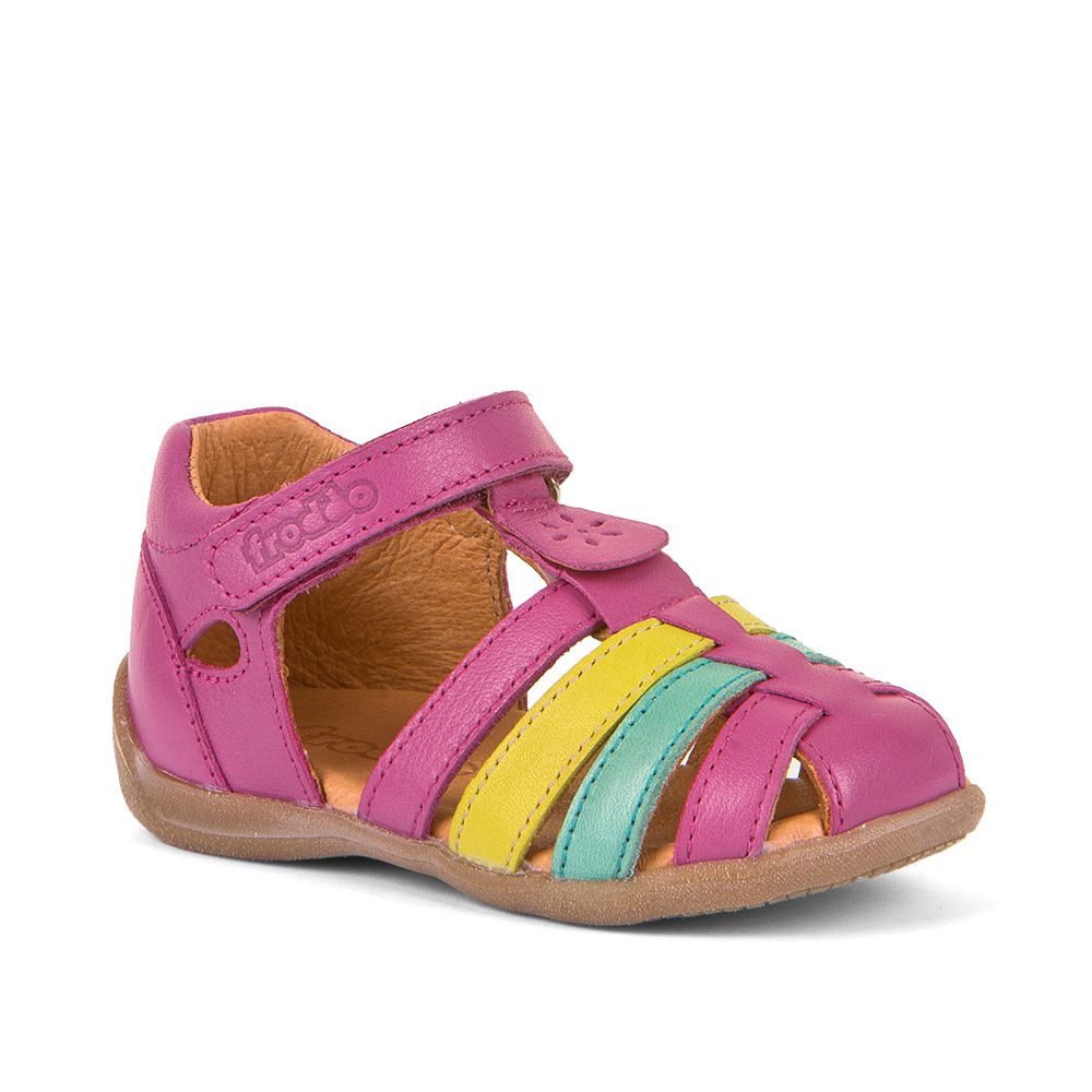 A girls sandal by Froddo, style Carte Girly, in pink multi leather with velcro fastening. Right side view.