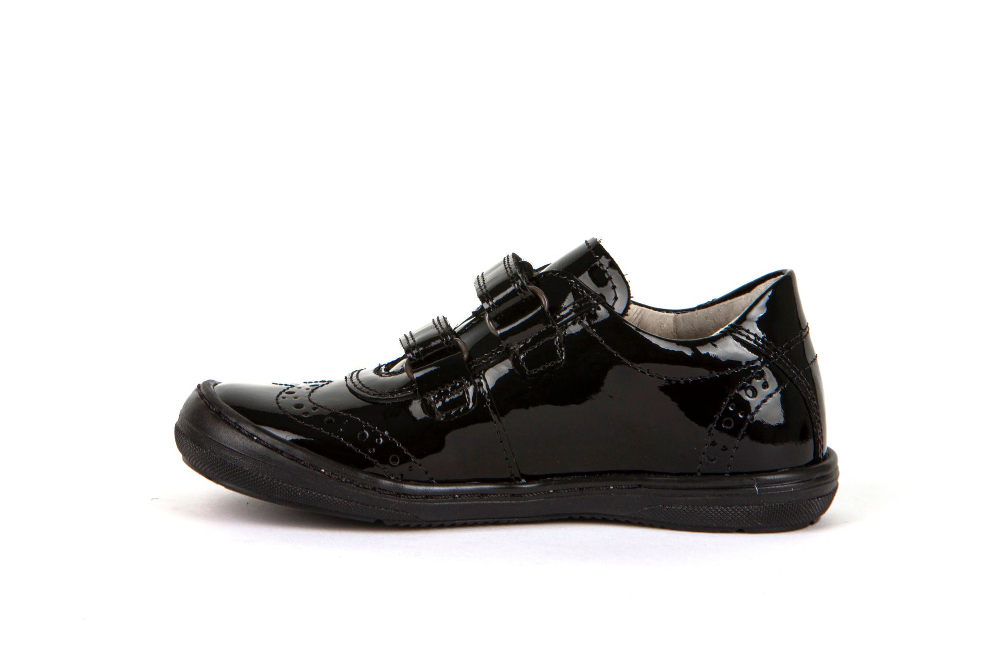 A girls school shoe by Froddo, style Mia D in black patent with velcro fastening. Inner side view.