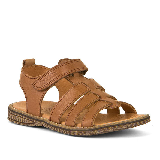 A boys open toe sandal by Froddo,style Daros O, in brown with velcro fastening. Angled view.