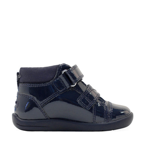 A girls boot by Start-Rite, style Daydream in Navy Patent, with double velcro fastening. Left side view.