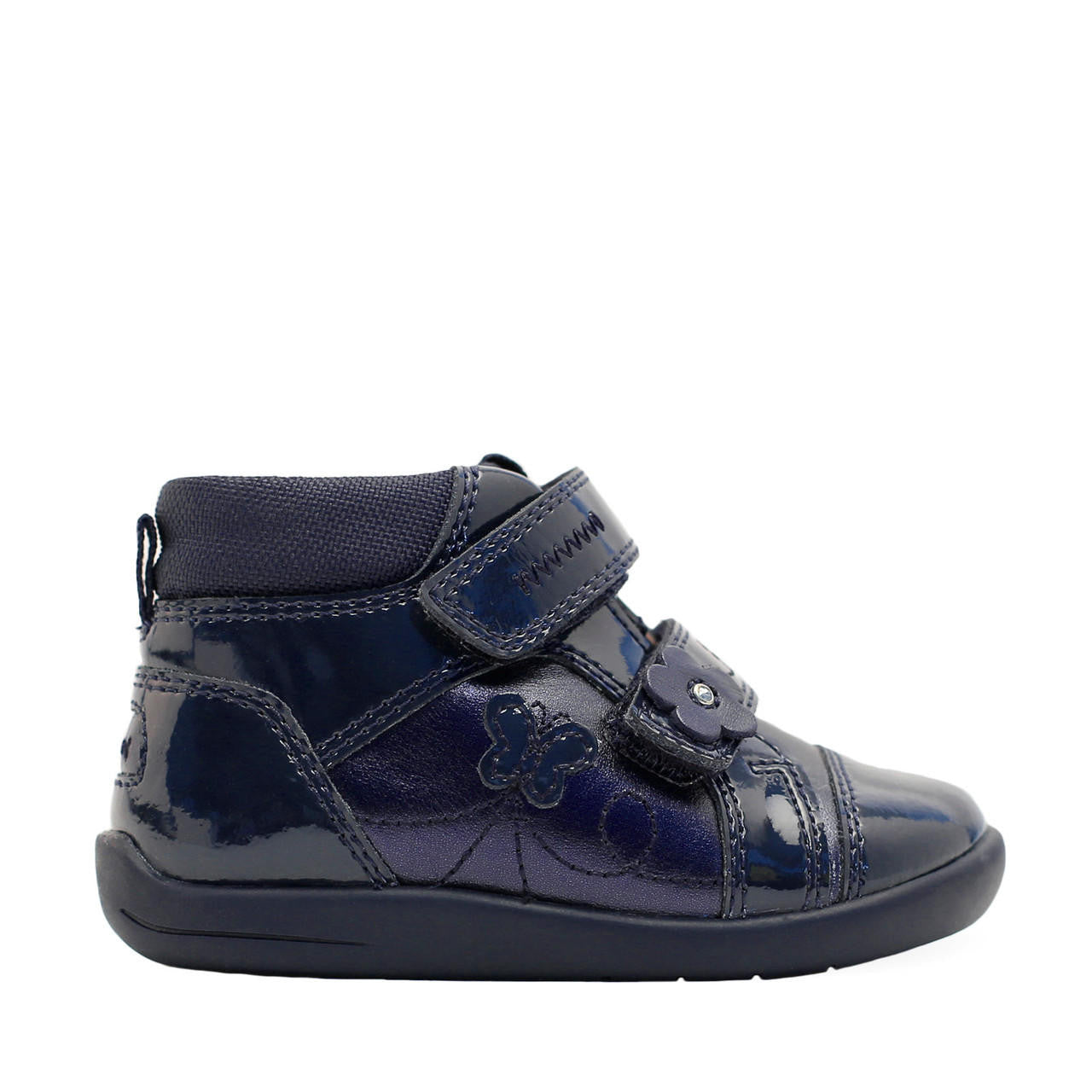 A girls boot by Start-Rite, style Daydream in Navy Patent, with double velcro fastening. Right side view.
