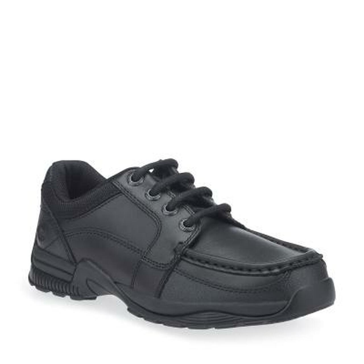A boys school shoe by Start Rite,style Dylan, in black leather with lace up fastening. Angled view.