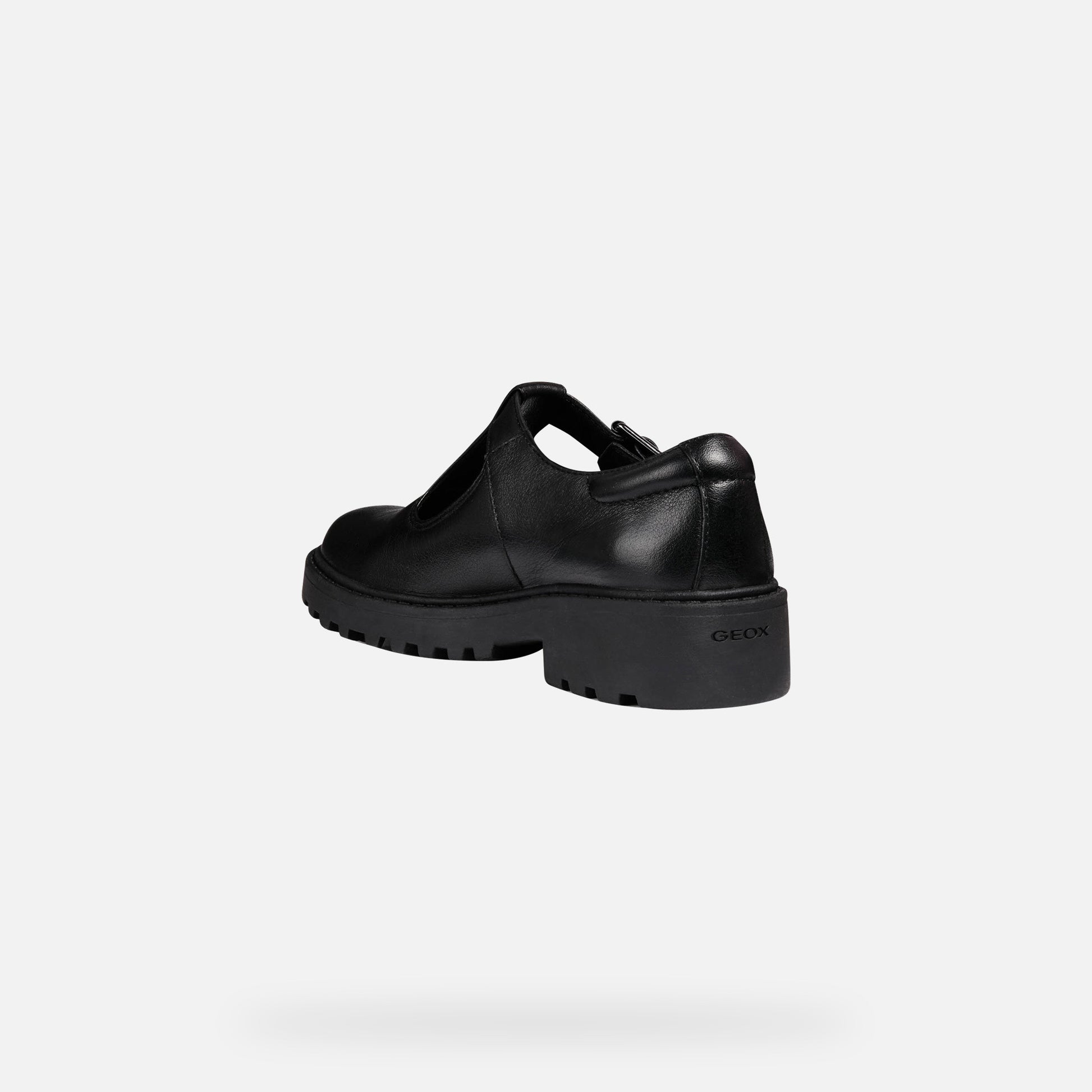 A girls Mary Jane school shoe by Geox, style casey, in black with buckle fastening. Inner side view.