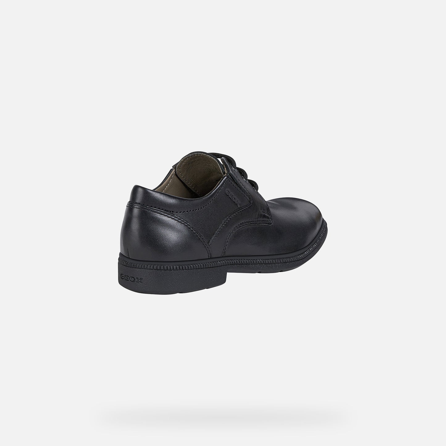 A boys smart school shoe by Geox,style J Federico, in black with lace fastening. Back view.