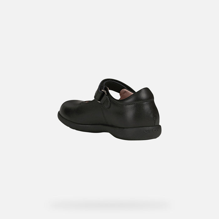 A girls Mary Jane school shoe by Geox, style Naimara, in black with velcro fastening. Inner view.