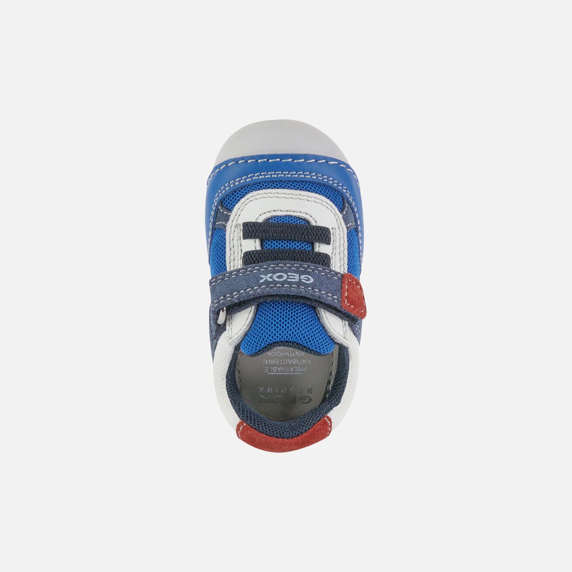 A boys pre walker by Geox, style Tutim, in blue, white and red with velcro fastening. Above view.