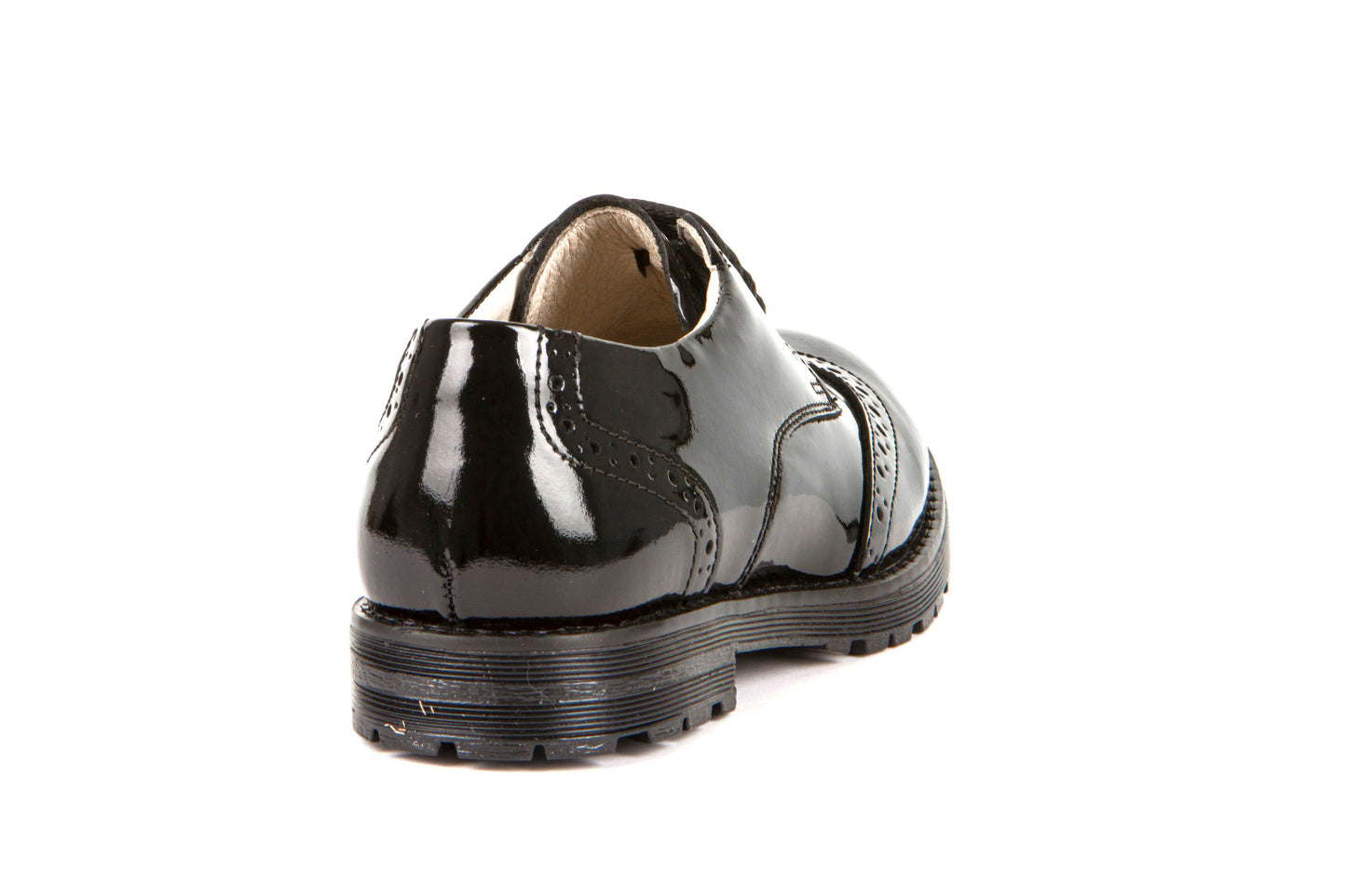 A girls school shoe by Froddo, style Charlie, in black patent with lace up fastening. Back view.