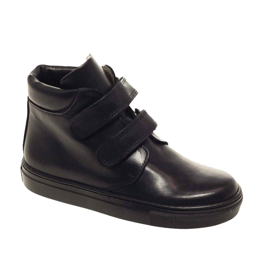 A boys school boot by Petasil, style Emerson, in black with double velcro fastening. Right side view.