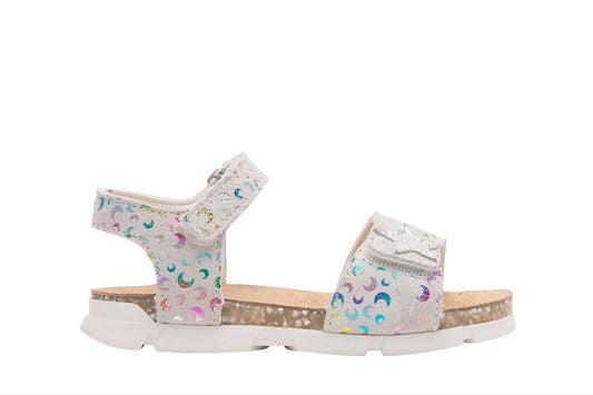 A girls casual sandal by Bopy, style Estival, in white multi with velcro fastening. Left side view.