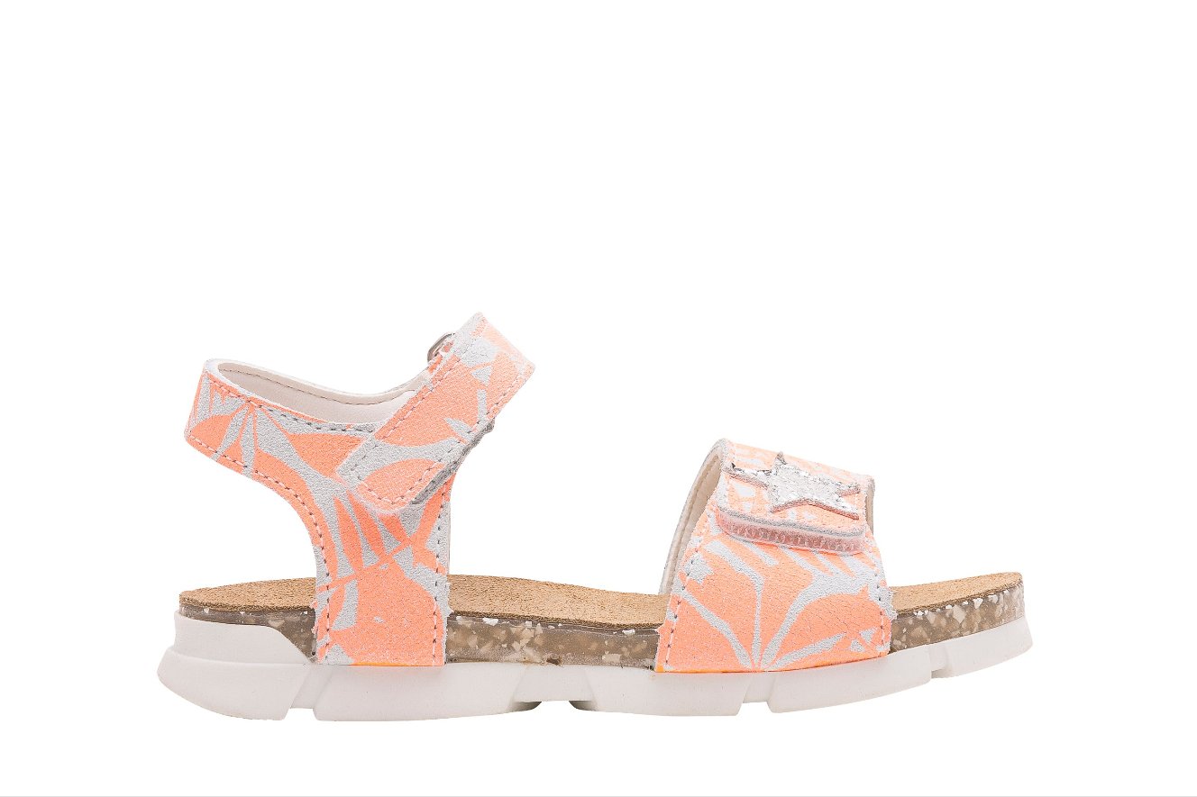 A girls casual sandal by Bopy, style Estival, in orange and white with velcro fastening. Left side view