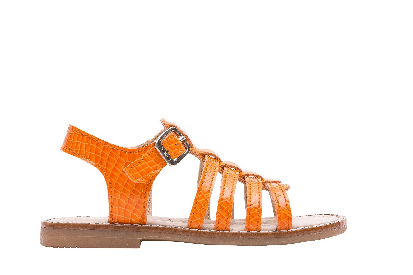 A girls open toe sandal by Bopy, style Everta, in orange with buckle fastening. Left side view.