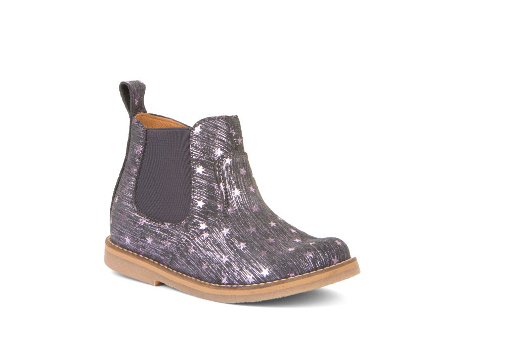 A girls chelsea boot by Froddo, style Chelys Low  G3160174-4  in Grey and Metallic Star Print. Right front view.