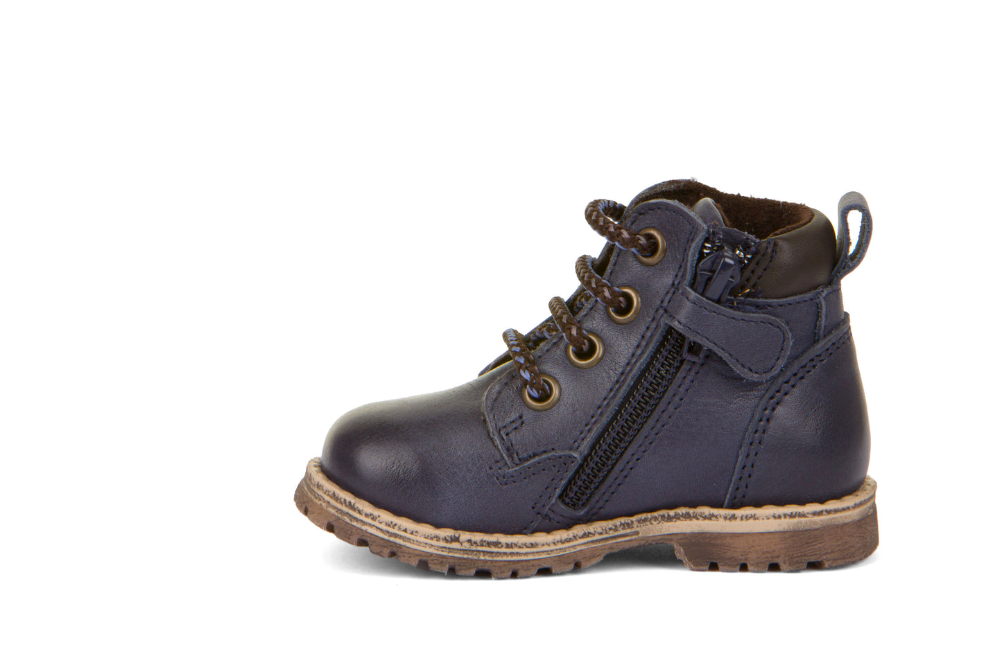 A boys boot by Froddo, style Mono  G2110108-2 in Navy with lace, zip fastening. Left side view.