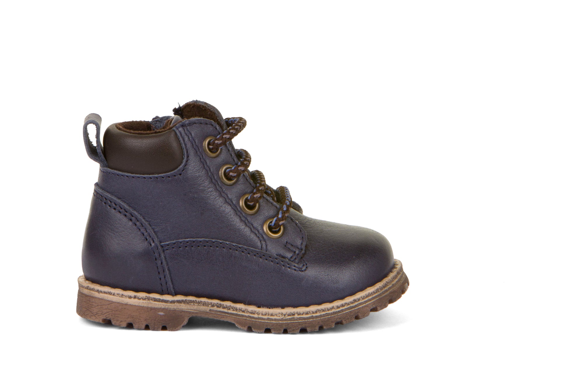 A boys boot by Froddo, style Mono  G2110108-2 in Navy with lace, zip fastening. Right Side view.
