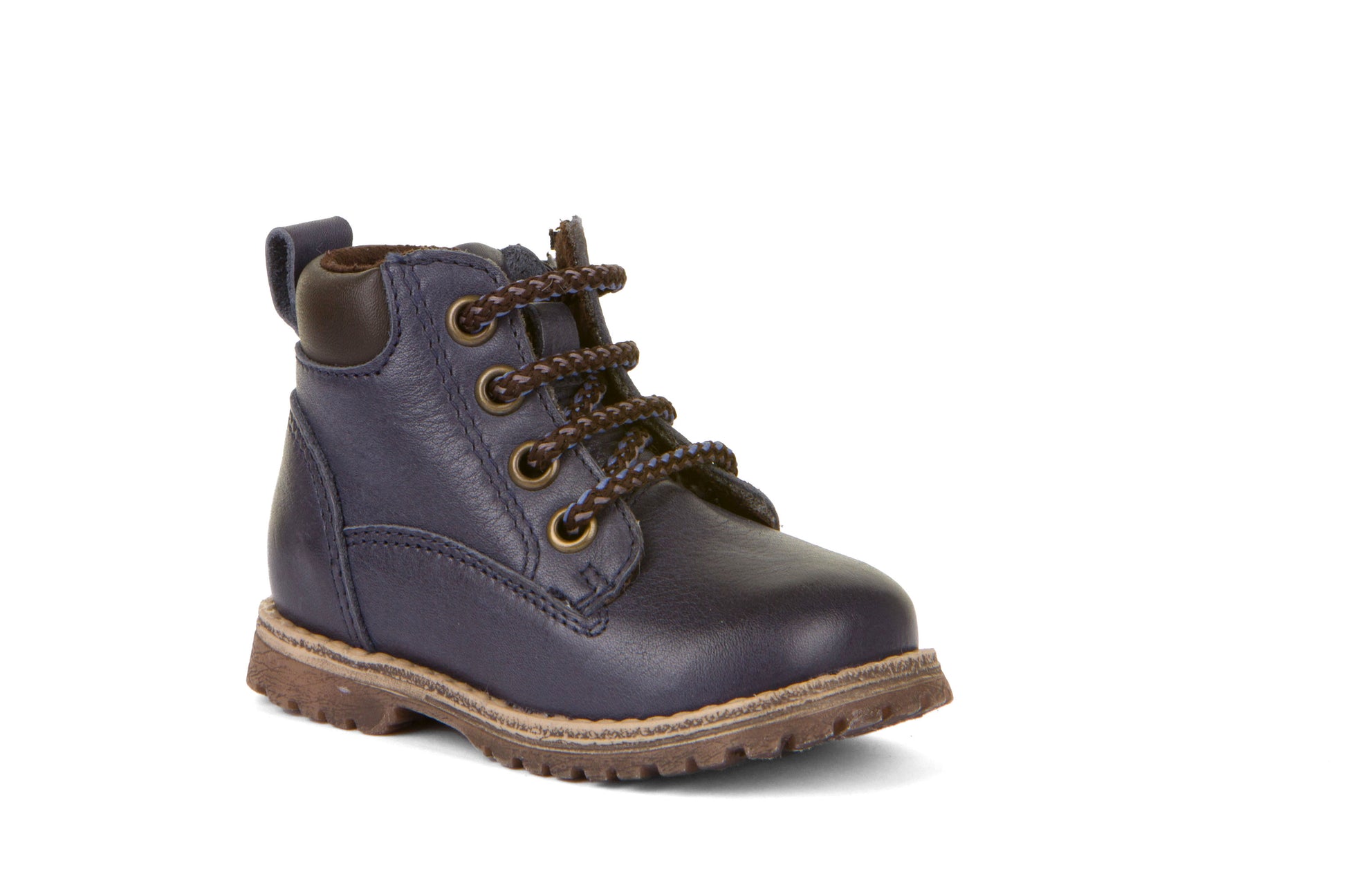 A boys boot by Froddo, style Mono  G2110108-2 in Navy with lace, zip fastening. Right front sideview.