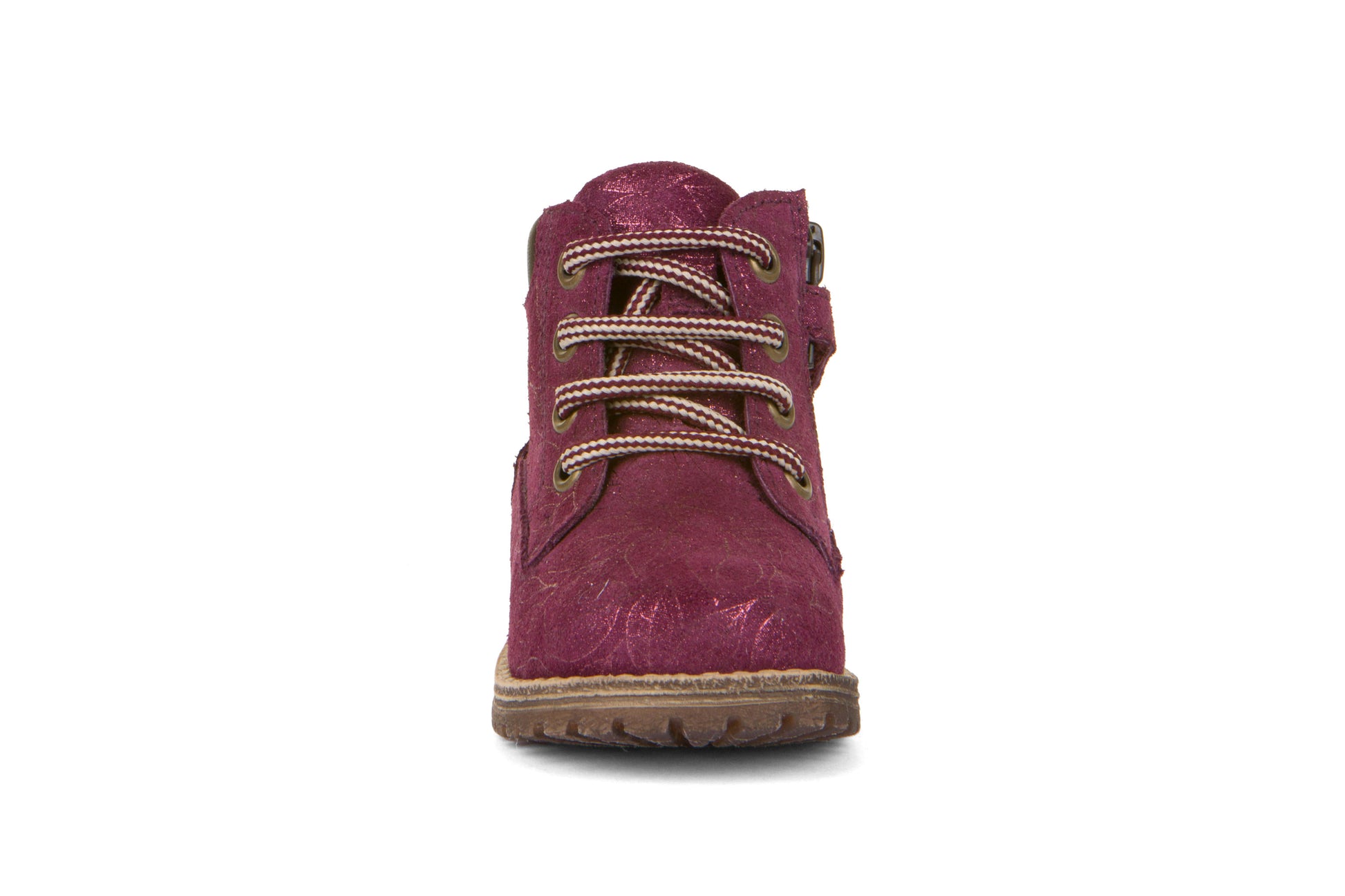 A girls boot by Froddo, style Mono G2110108-8 in Purple with lace, zip fastening. Front view.