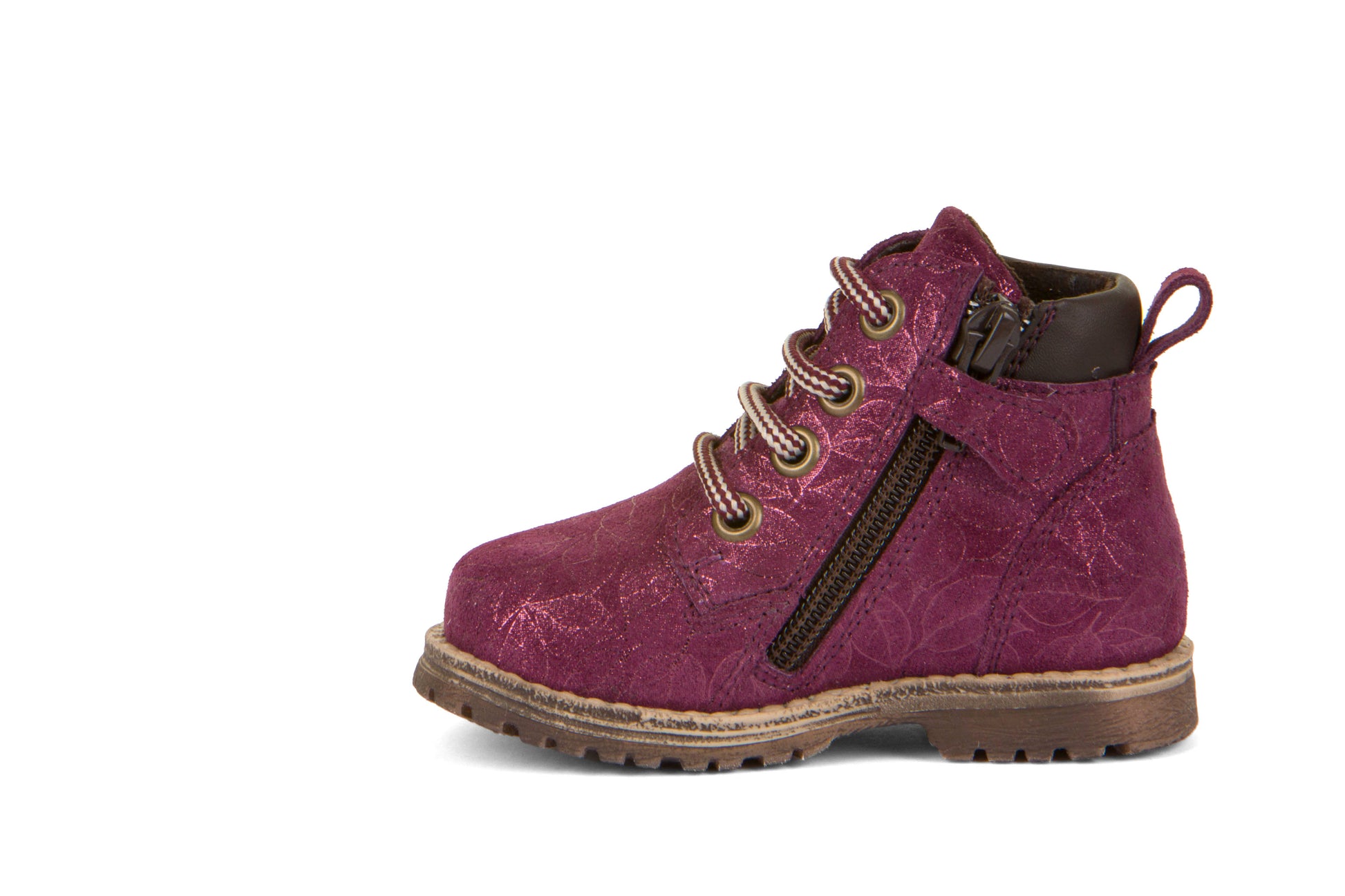 A girls boot by Froddo, style Mono G2110108-8 in Purple with lace, zip fastening. Left side view.
