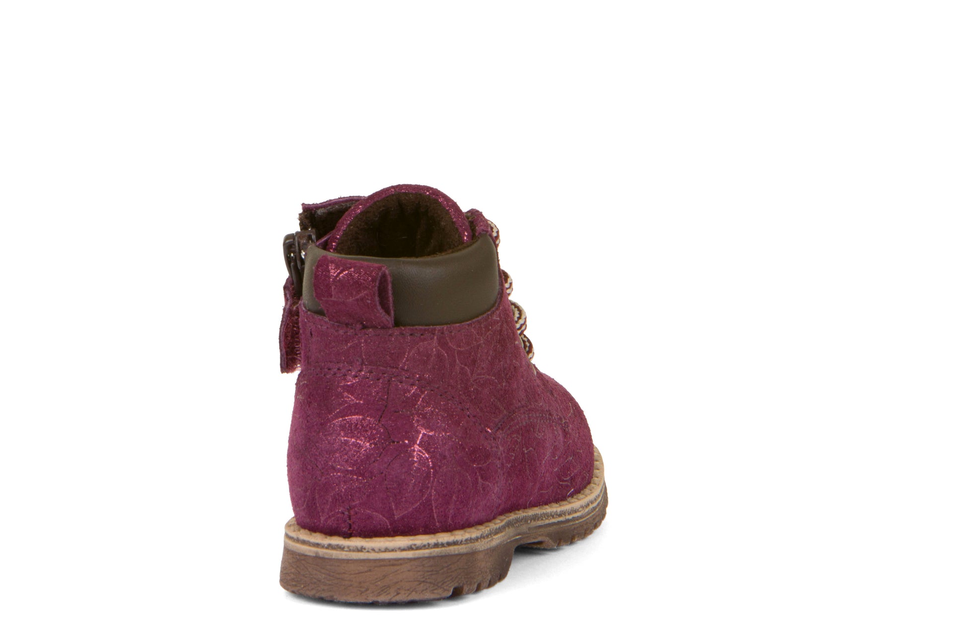 A girls boot by Froddo, style Mono G2110108-8 in Purple with lace, zip fastening. Back view.