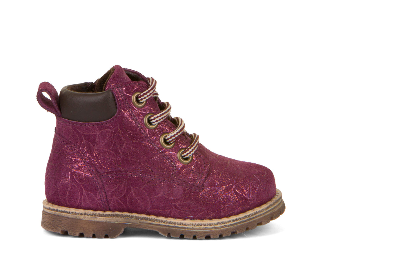 A girls boot by Froddo, style Mono G2110108-8 in Purple with lace, zip fastening. Right side view.