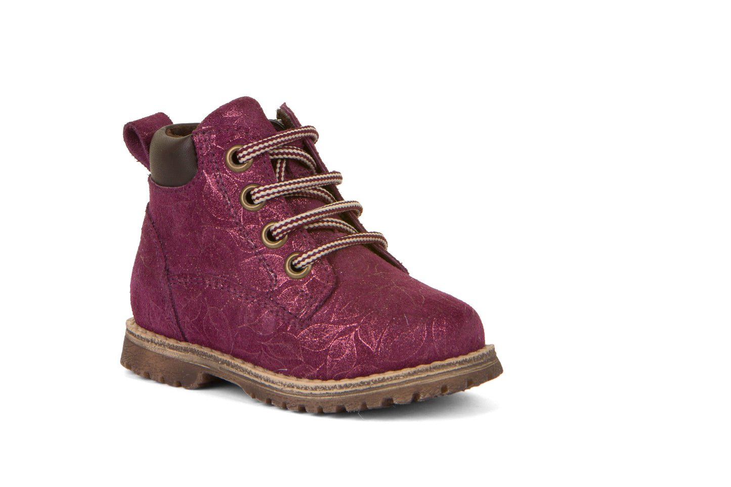 A girls boot by Froddo, style Mono G2110108-8 in Purple with lace, zip fastening. Front side view.