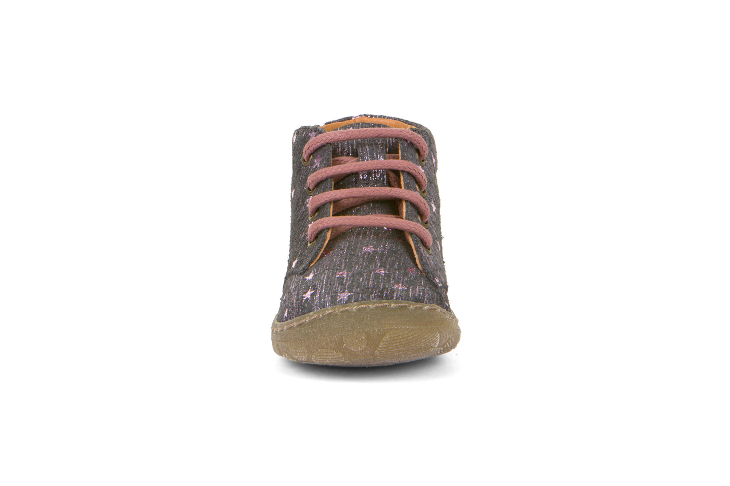 A girls boot by Froddo, style Kart Laces | G2130271-3 in Grey Metallic with star print and lace-up fastening. Front view.