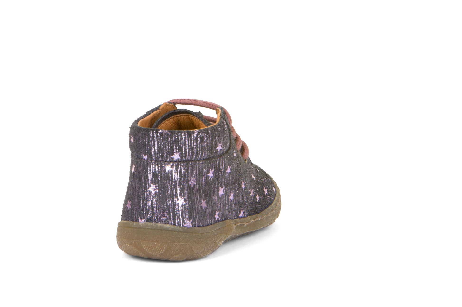 A girls boot by Froddo, style Kart Laces | G2130271-3 in Grey Metallic with star print and lace-up fastening. Back view.
