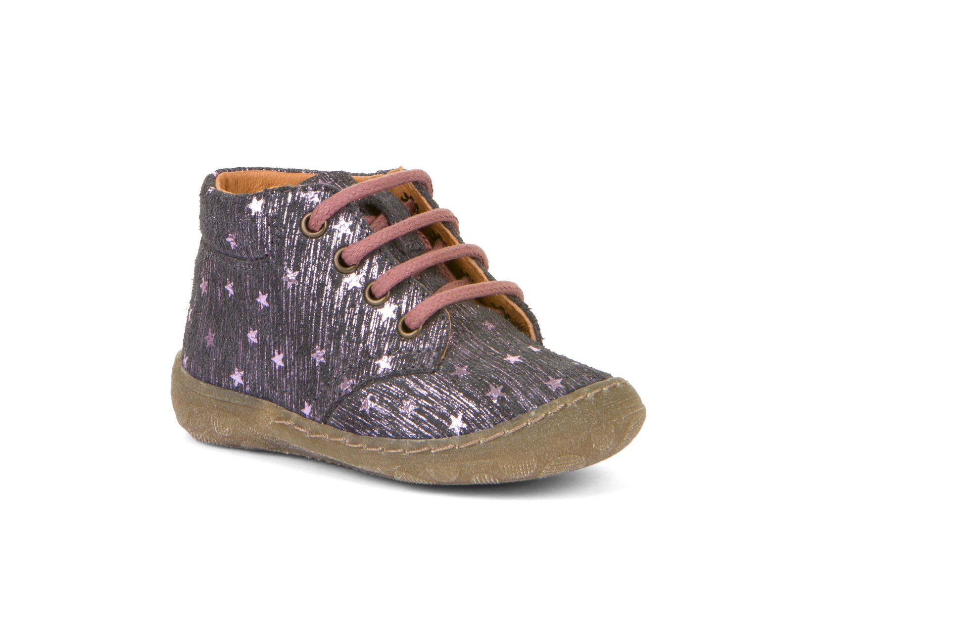 A girls boot by Froddo, style Kart Laces | G2130271-3 in Grey Metallic with star print and lace-up fastening. Right front side view.