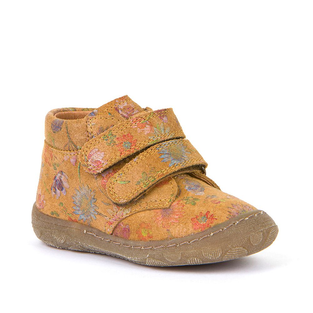 A girls boot by Froddo, style Kart Velcro | G2130272-11 in yellow flower print and double velcro fastening. Right front side view.
