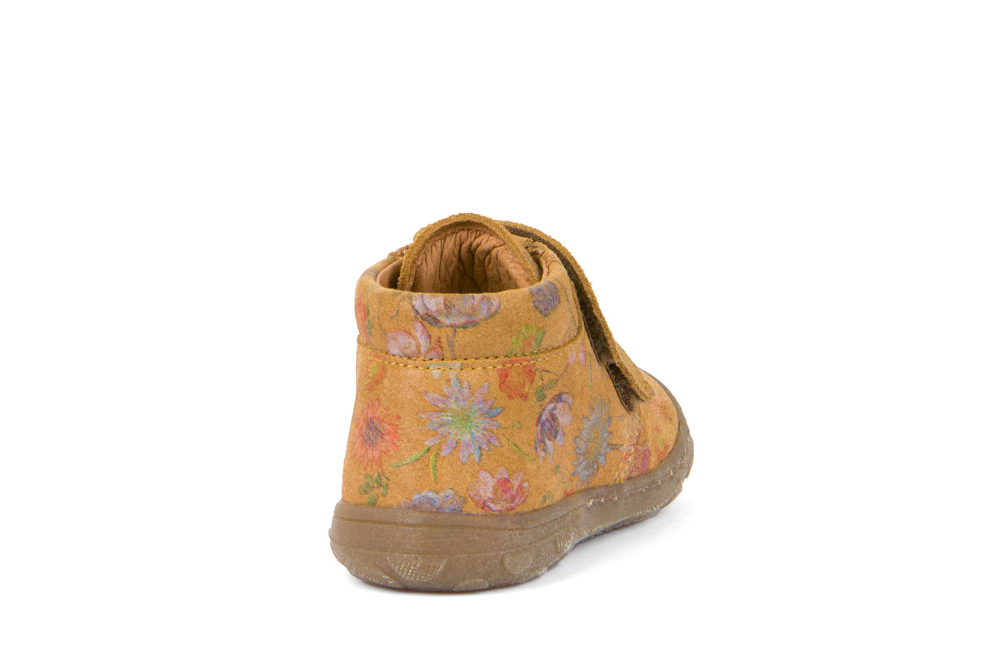 A girls boot by Froddo, style Kart Velcro | G2130272-11 in yellow flower print and double velcro fastening. Back view.