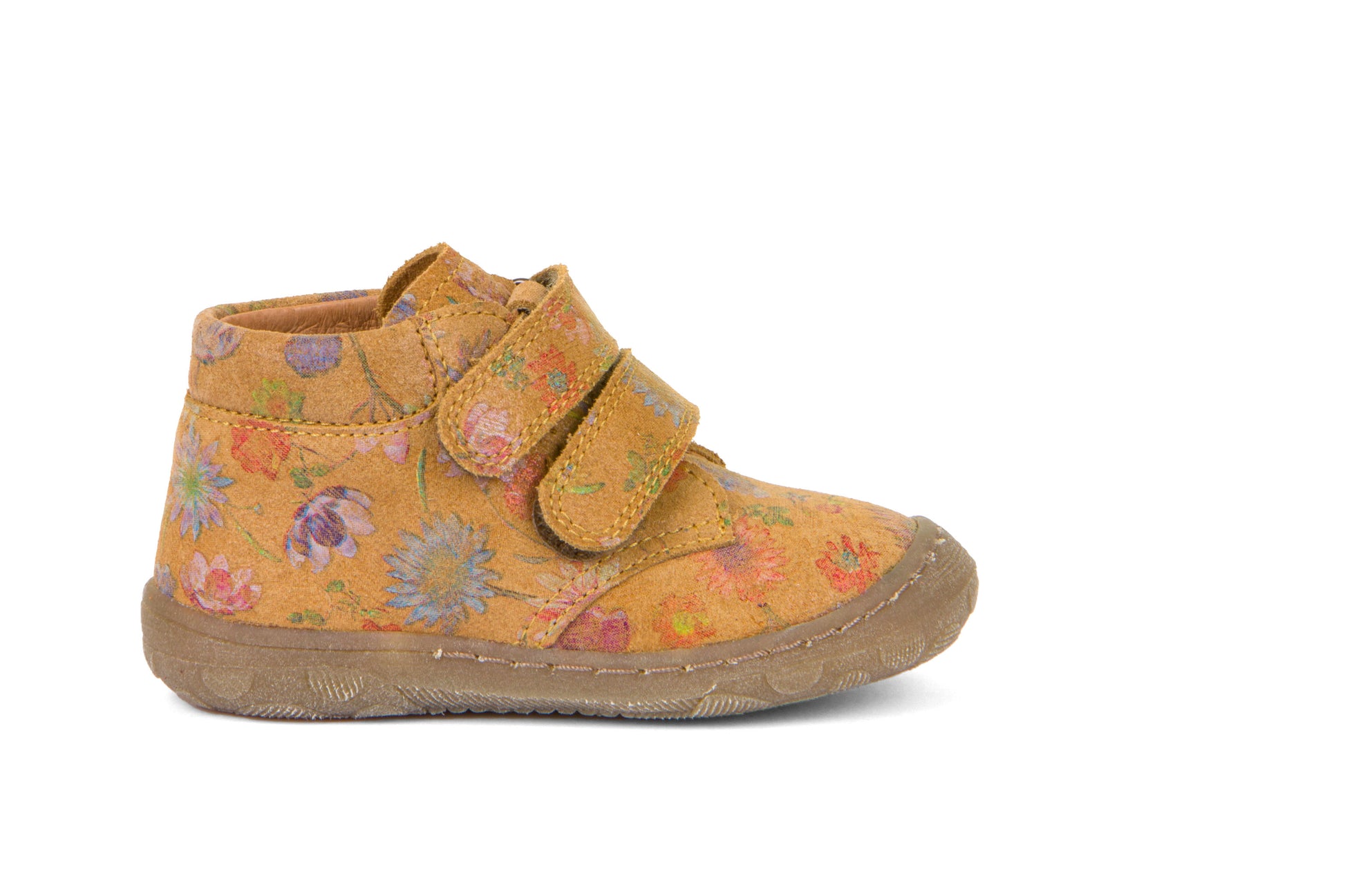 A girls boot by Froddo, style Kart Velcro | G2130272-11 in yellow flower print and double velcro fastening. Right side view.