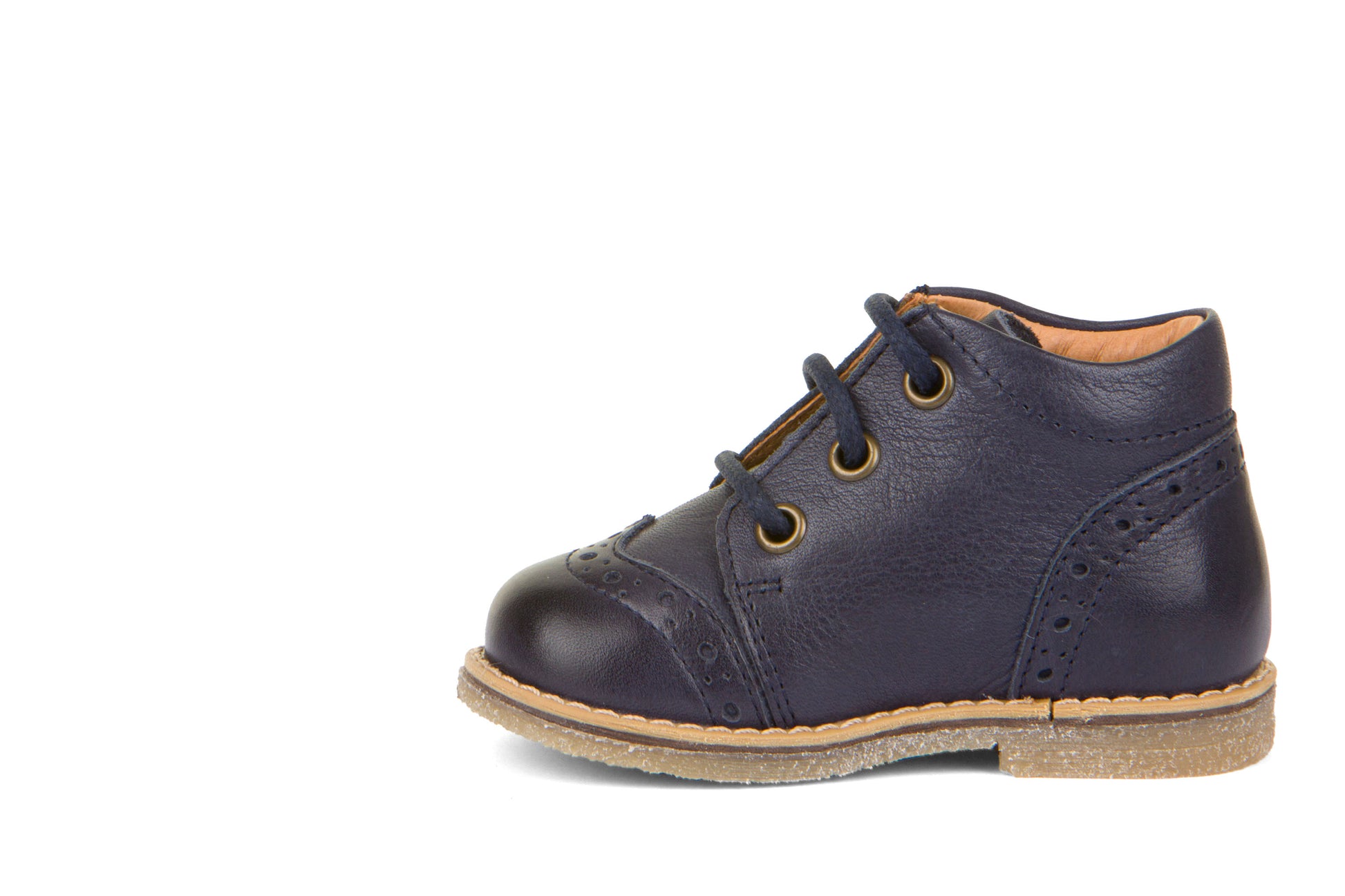A boys boot by Froddo, style Coper G2130276-2 in Navy with lace-up fastening. Left side view.