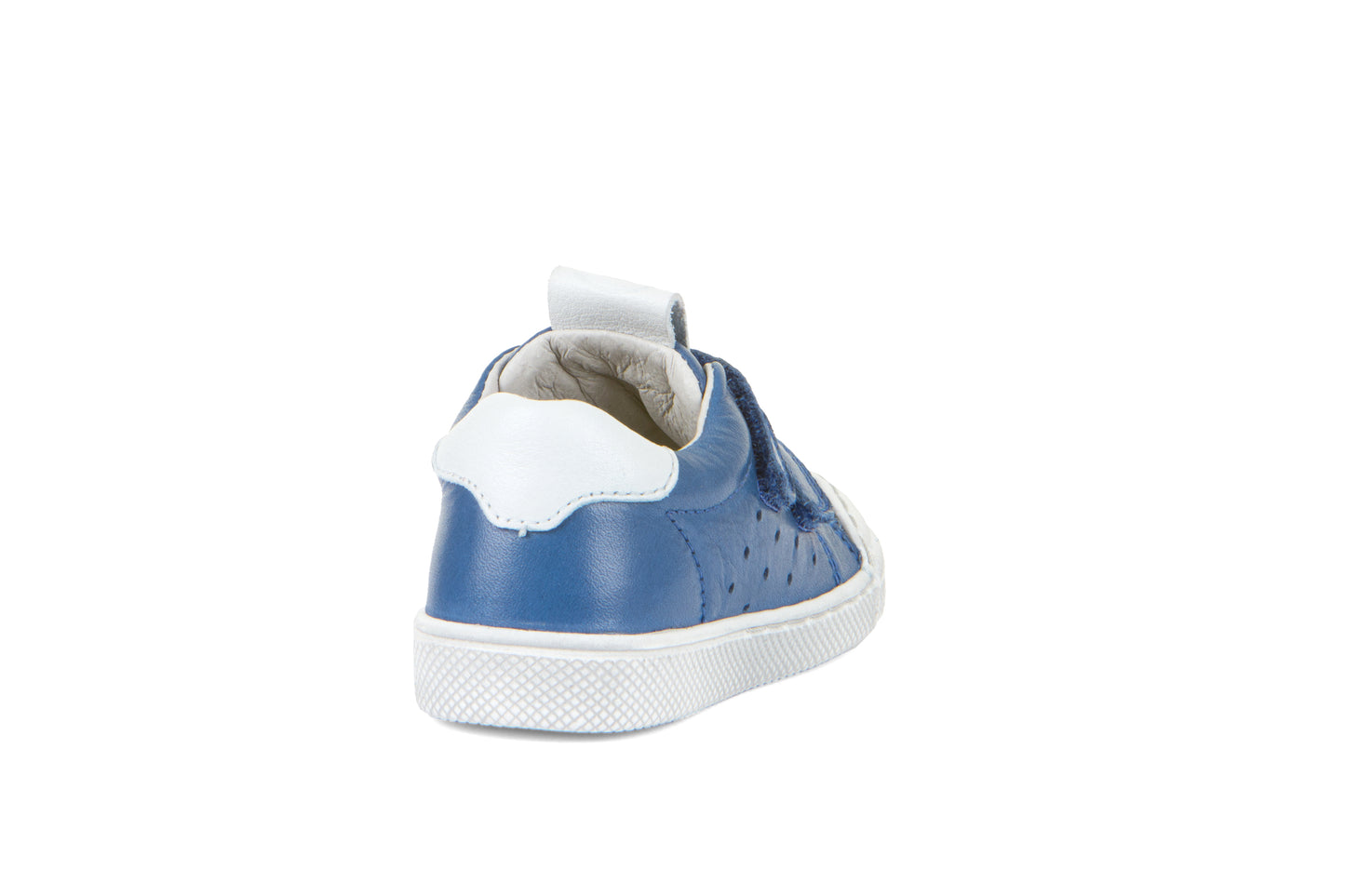A boys casual shoe by Froddo, style G2130290-1 Rosario, in blue with white trim, velcro fastening. Back view.
