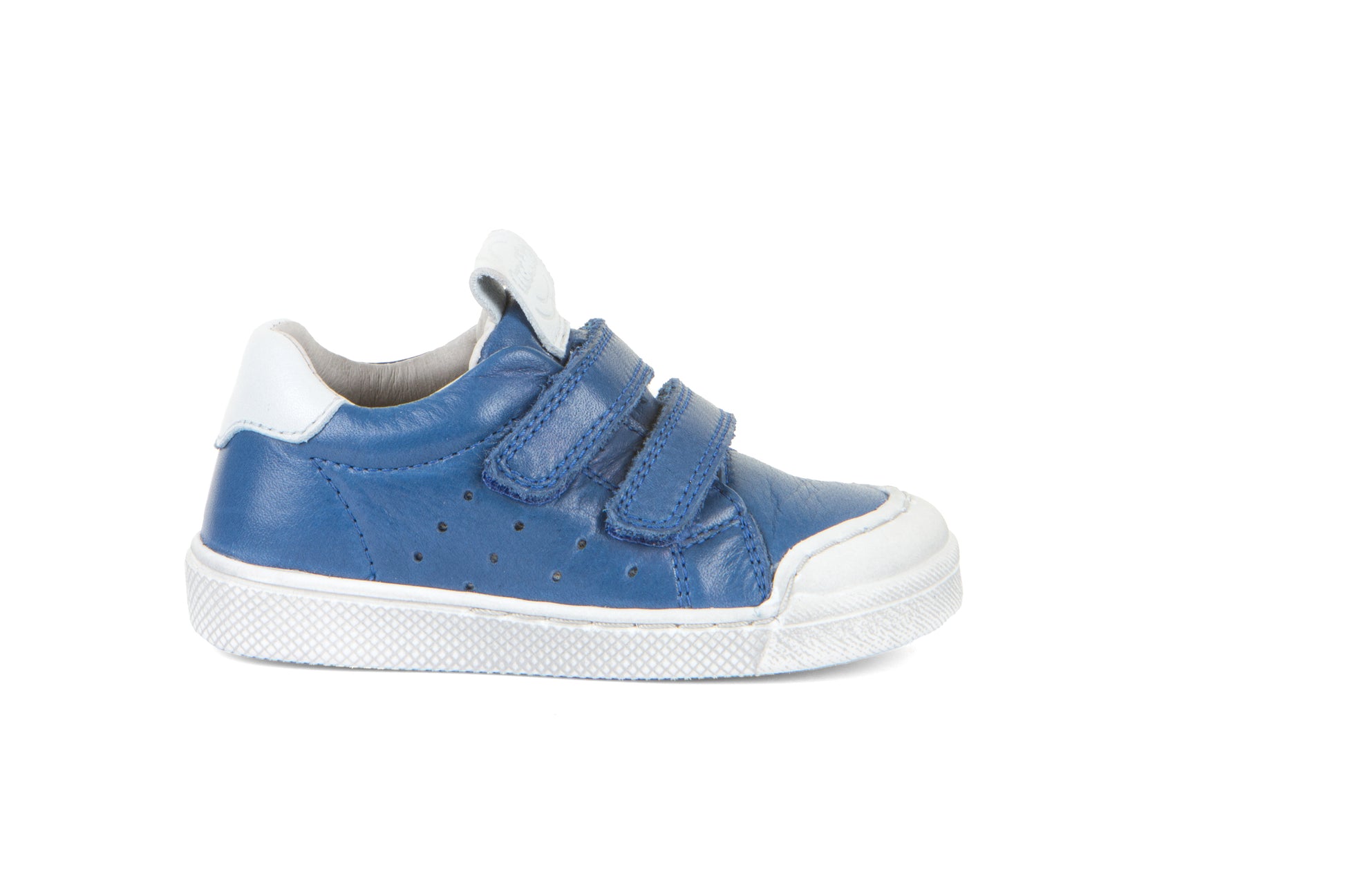 A boys casual shoe by Froddo, style G2130290-1 Rosario, in blue with white trim, double velcro fastening. Right side view.