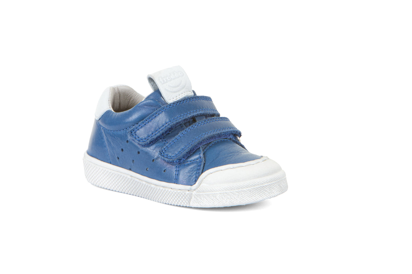 A boys casual shoe by Froddo, style G2130290-1 Rosario, in blue with white trim, double velcro fastening. Angled view.
