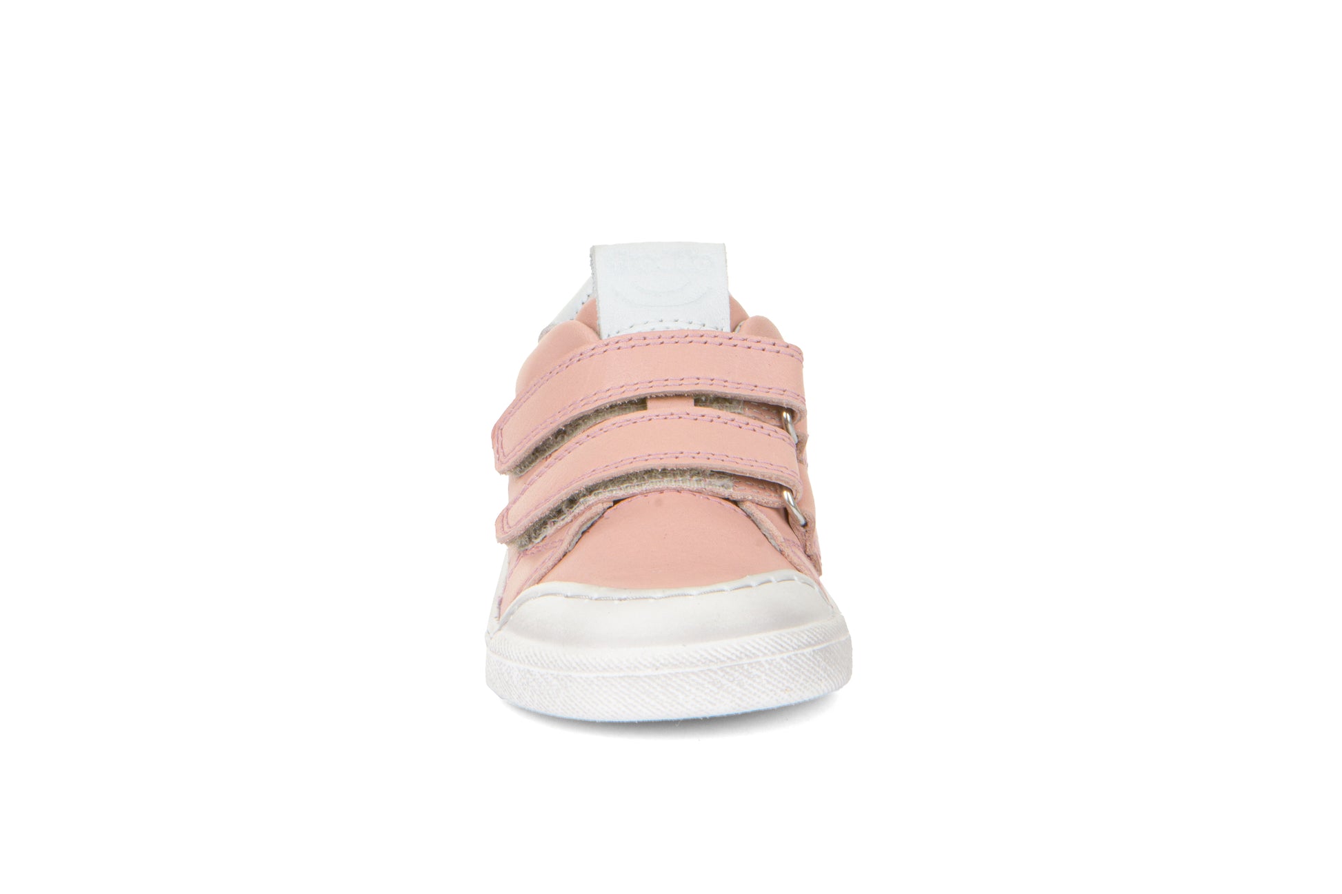 A girls casual shoe by Froddo, style G2130290-4 Rosario, in pink with white trim, velcro fastening. Front view.